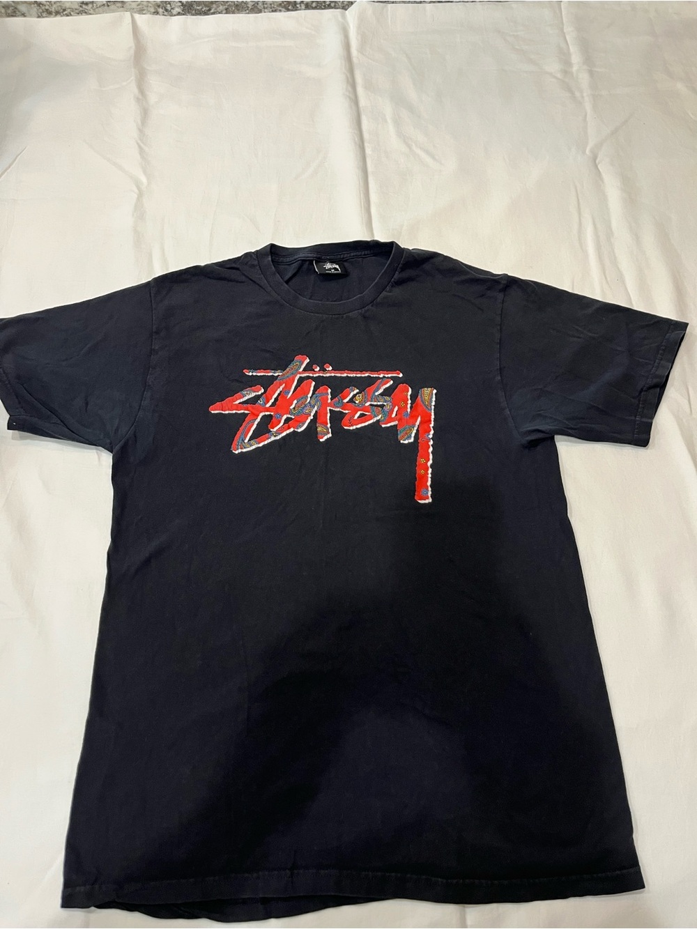 Stussy Black Tee with Red Logo Script